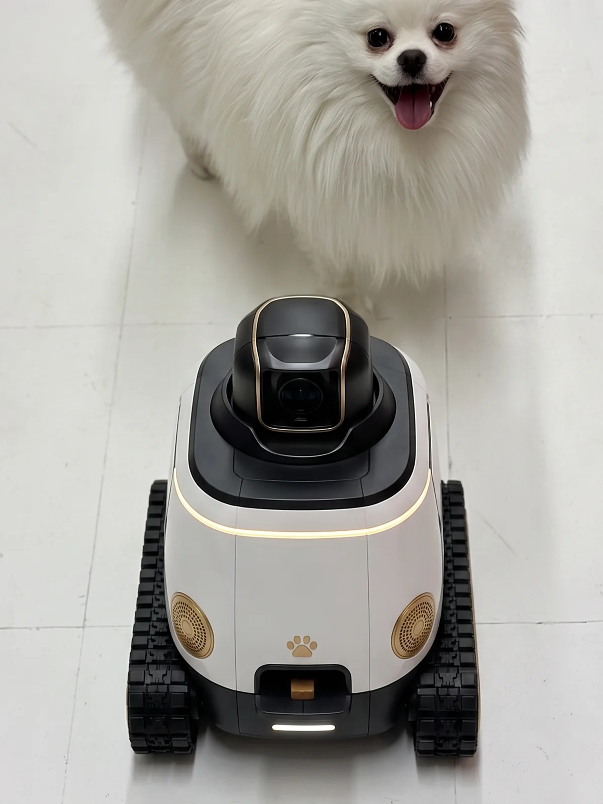 A white Pomeranian smiling behind WIM-Z, the white and gold home robot with a pan-tilt camera turret and all-terrain tank treads