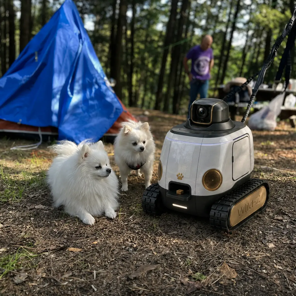 Two Pomeranians resting beside WIM-Z at a wooded campsite, a tent pitched behind them