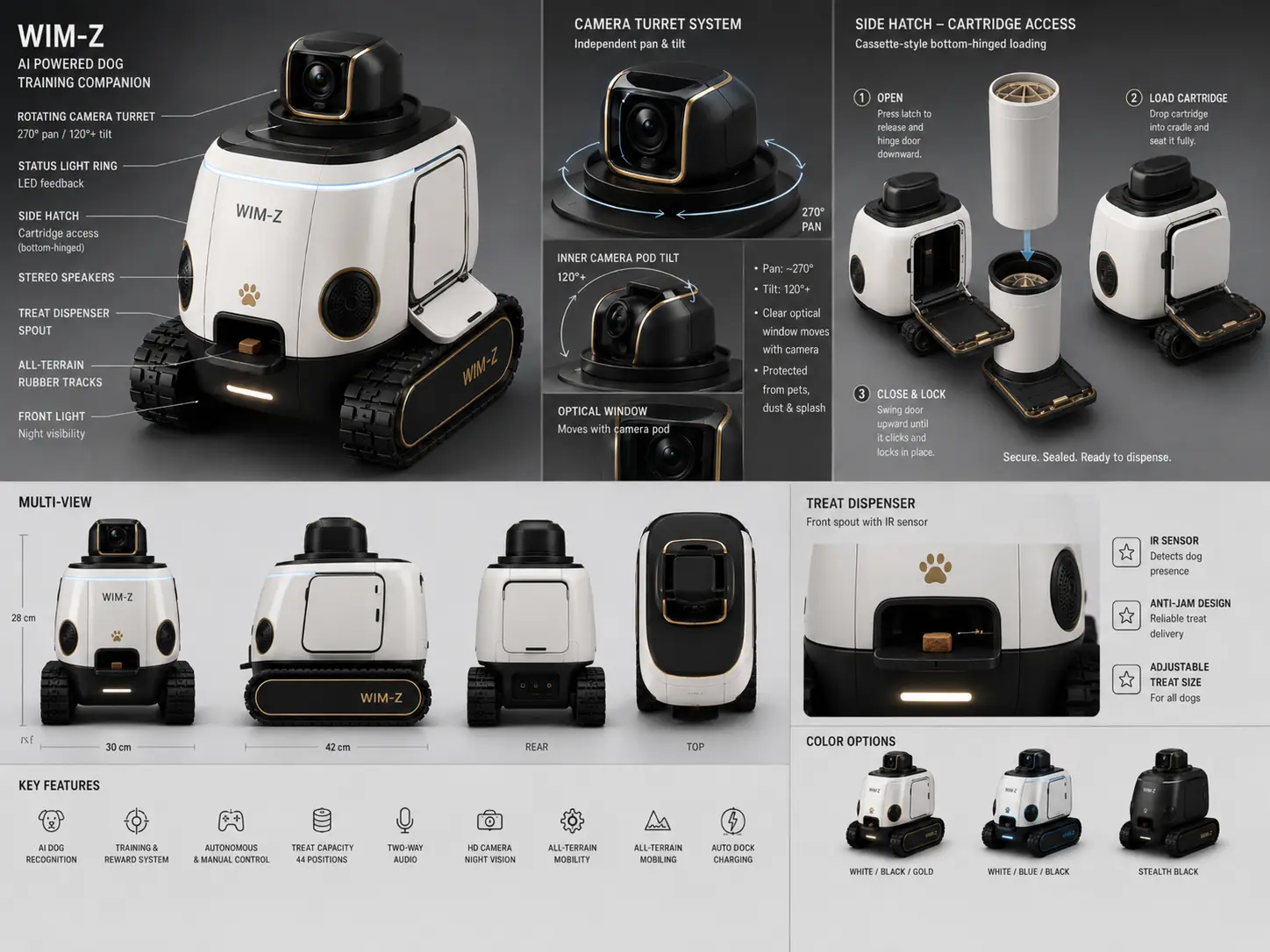 WIM-Z technical breakdown: rotating camera turret with 270 degree pan and 120 degree tilt, status light ring, bottom-hinged side hatch for cartridge access, stereo speakers, front treat dispenser spout with IR sensor, all-terrain rubber tracks, multi-view dimensions (30 cm and 42 cm, 28 cm tall), key features, and white/gold, white/blue, and stealth black color options